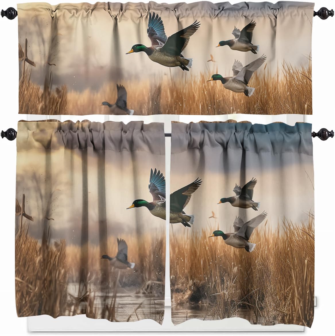 Mallard Duck 3 Piece Window Curtain Set Spring Nature Reed Field Pond Tulips Wild Ducks Rod Pocket Short Tier Curtain Small Cafe Drapes for Kitchen Decor