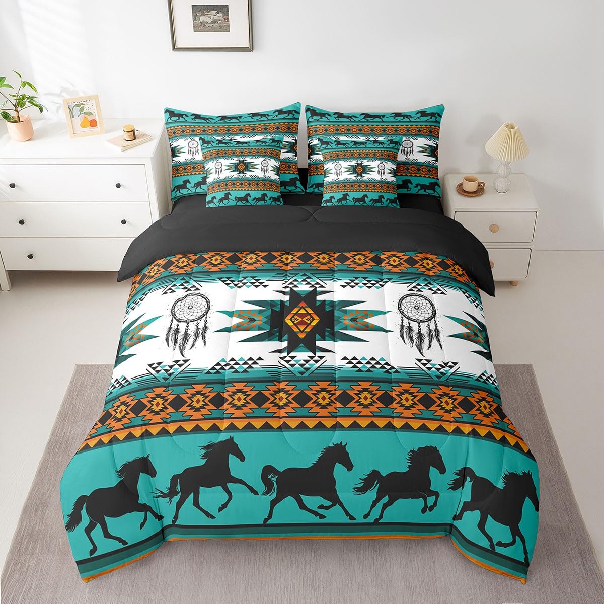 Feelyou Juego de edredón bohemio con sábanas, tamaño matrimonial, ropa de cama azteca nativa del suroeste en una bolsa, juego de ropa de cama de 7 piezas, juego de cama de caballos, decoración de