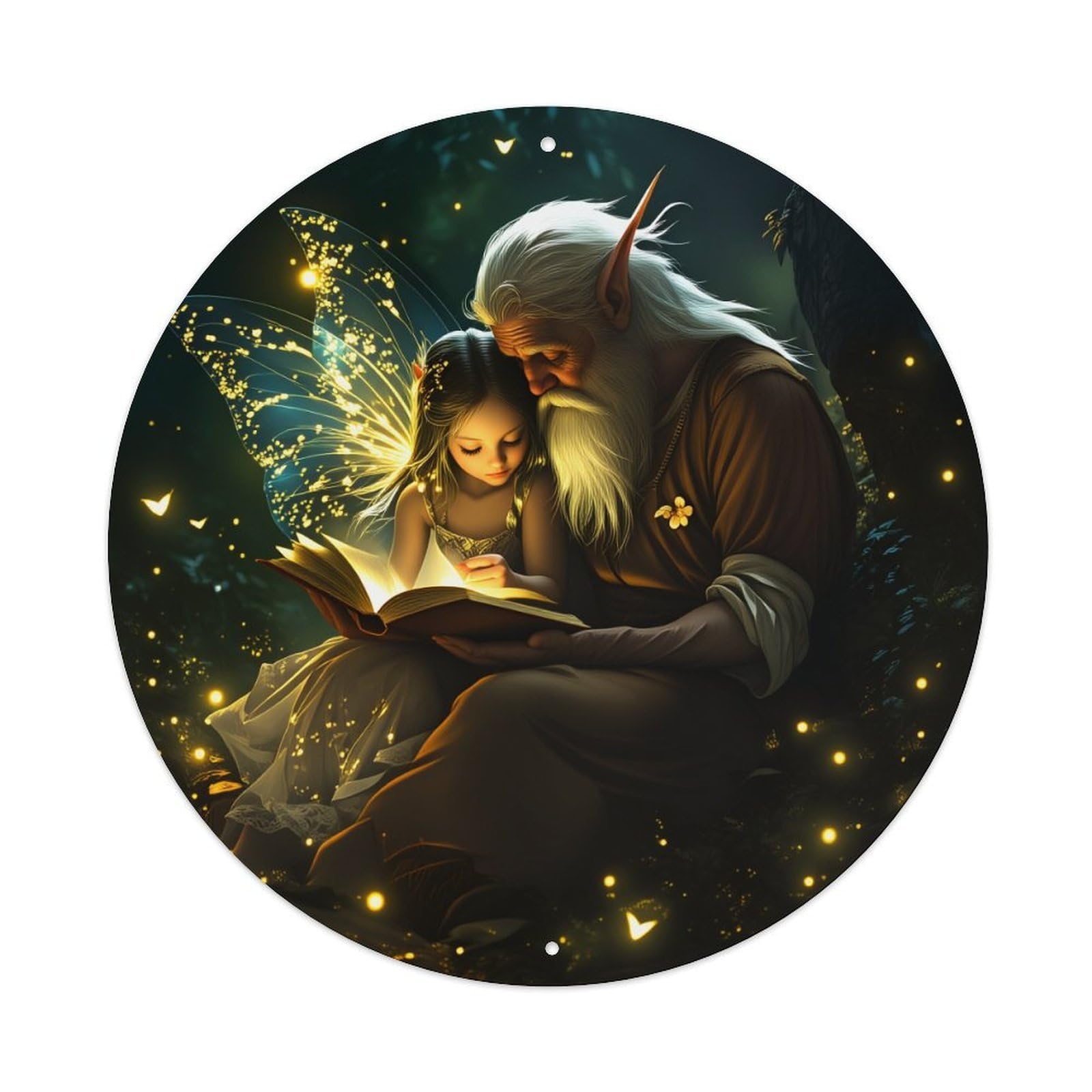 Fairy Tale Magic Book Light Forest Elf Girl Round Vintage Tin Sign,Retro Wall Art,Metal Poster for Home, Bar, Garage, Cafe, Rustic Indoor & Outdoor Decor, 8x8 Inches