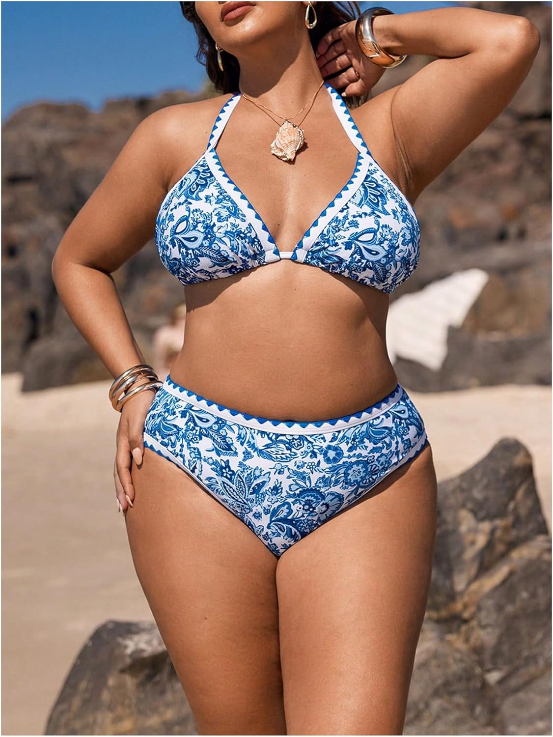 OYOANGLE Women's Plus Size Floral Print Bikini 2 Piece Swimsuit Triangle Halter Bathing Suit High Waisted Swimwear - Image 6