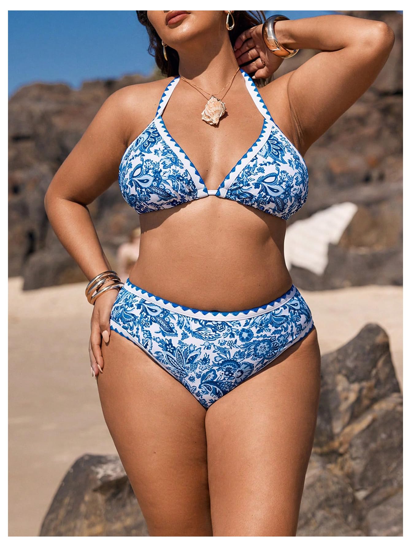Damskie Bikini Plus Size Z Kwiatowym Nadrukiem 2-częściowy Strój Kąpielowy Trójkątny Wiązany Na Szyi Wysokim Stanem Niebiesko-biały 4XL(Blue and White,X-Large Plus)