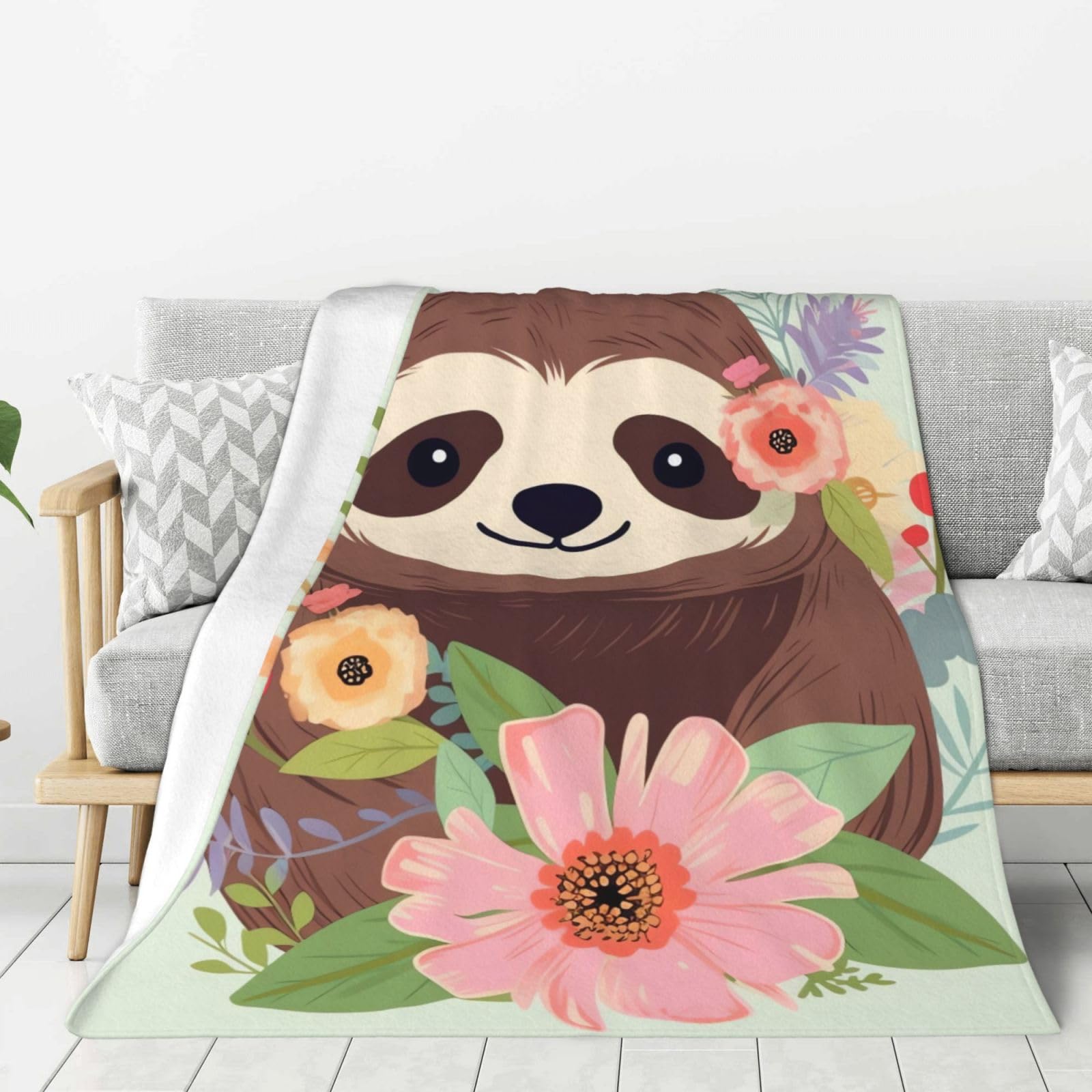 Sloth and Flowers Throw Blanket Plush Flannel Fleece Blanket, Soft Lightweight Cozy Blankets 50"X40" for Bed Couch Sofa Travel