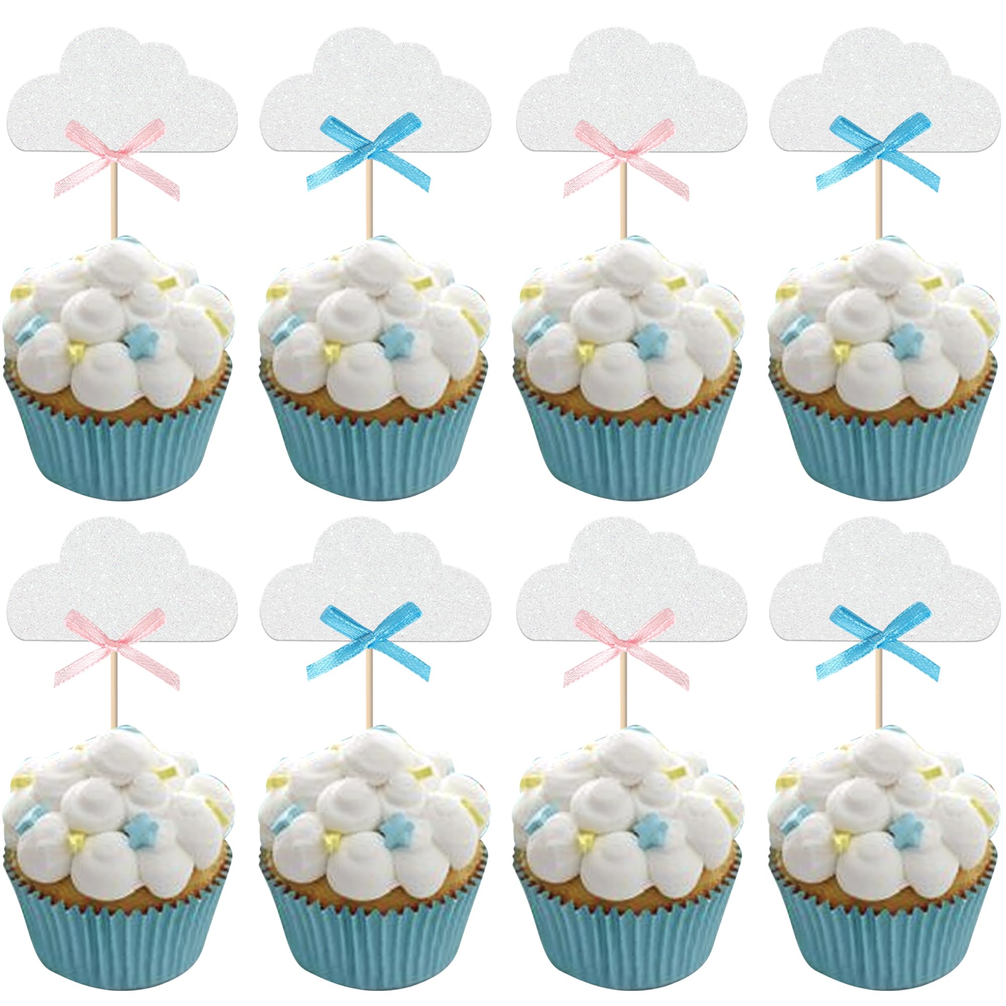 24 Stück Weiße Wolke Tortendeko Glitzer Cloud Cupcake Toppers Wolke Kuchen Deko mit Blau Rosa Schleife für Cloud Thema Hochzeit Baby Dusche Jungen Mädchen Geburtstag Party Cupcake Dekorationen