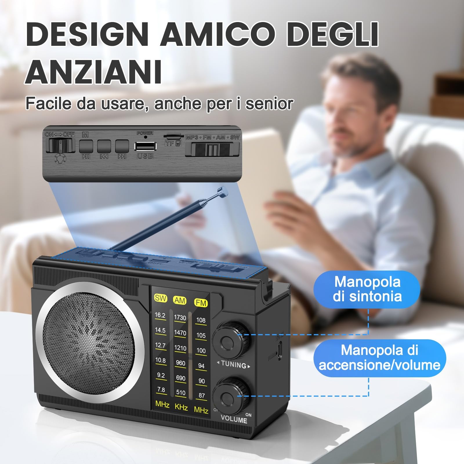 PRUNUS J-135S Radio Portatile AM/FM/SW, Mini Radio Solare Bluetooth 6.0, Radiolina a Pile (AA) e Batteria Ricaricabile 1800 mAh con Torcia, Supporta TF/USB, per Casa, Campeggio e Emergenza.