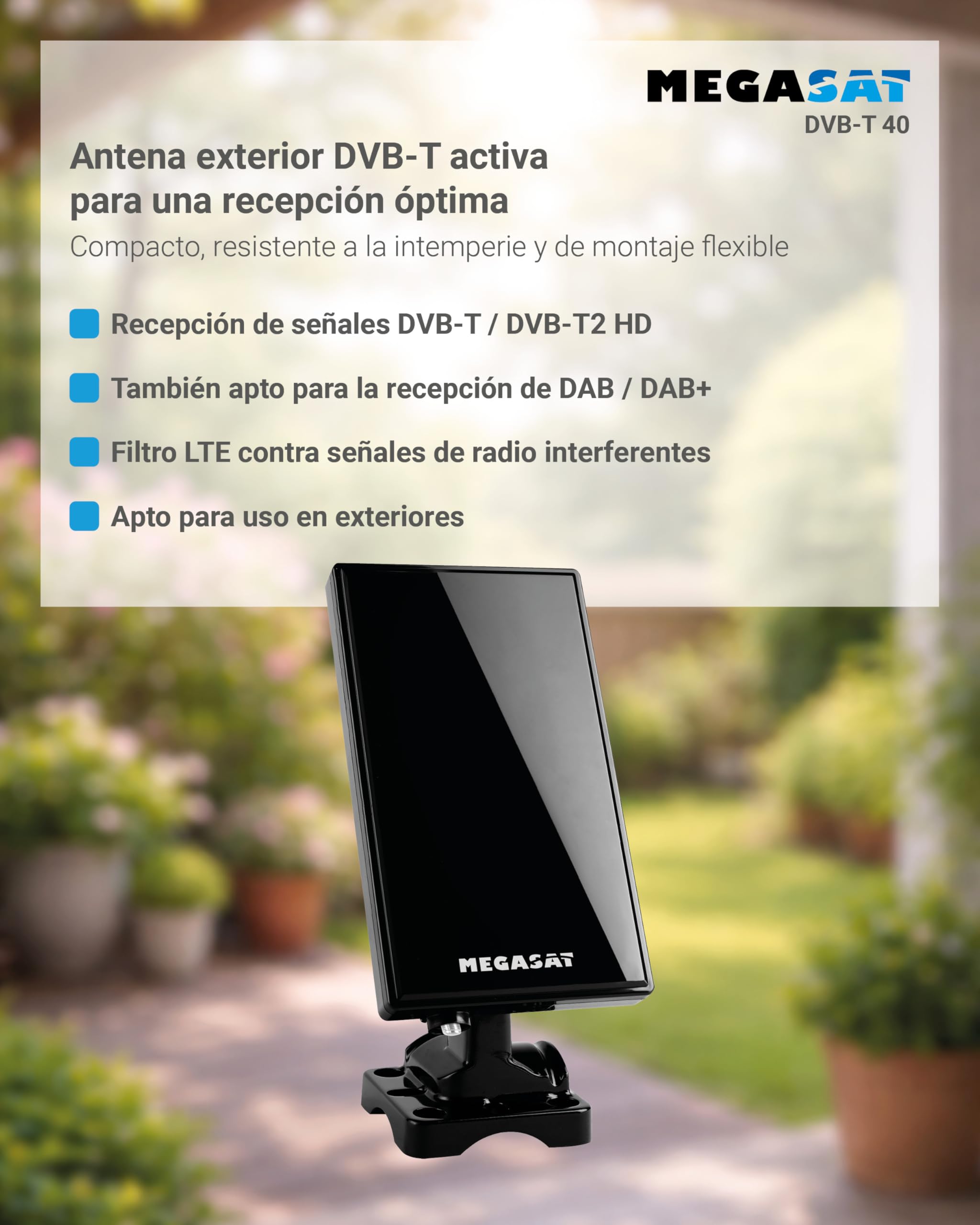 Megasat DVB-T 40 – Antena, Interior y Exterior, TV y Radio – Negro | TDT, FM, DAB/DAB+, carcasa impermeable, filtro LTE, amplificación de 28 dB