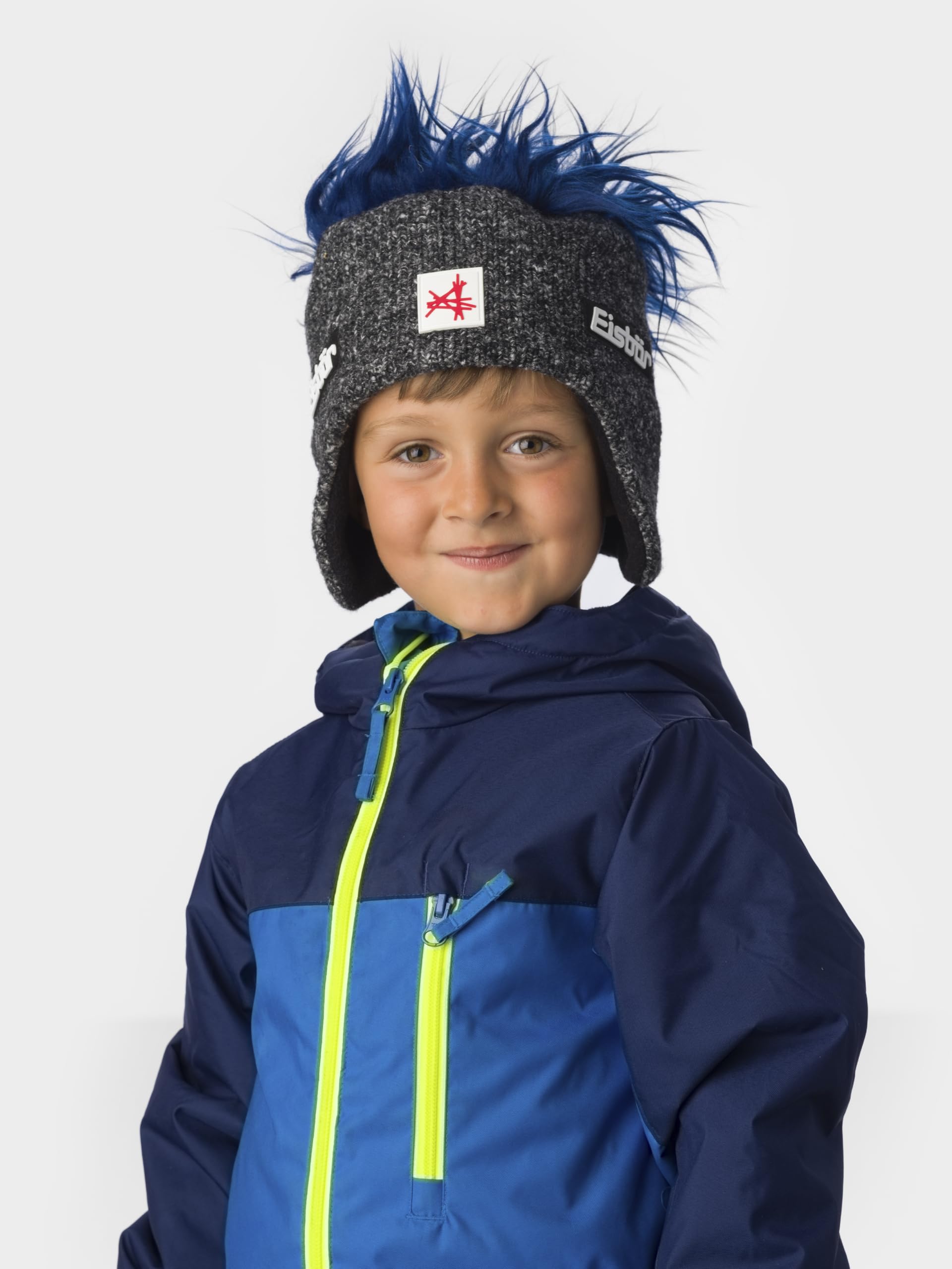 Eisbär Czapka Penny Ski Austria Kids - czapka z włosami (niebieska) dla chłopców i dziewczynek - 55 cm (7-8 lat) - oddychająca, ciepła czapka sportowa z ochroną uszu, czapka dziecięca, miękka, ciepła