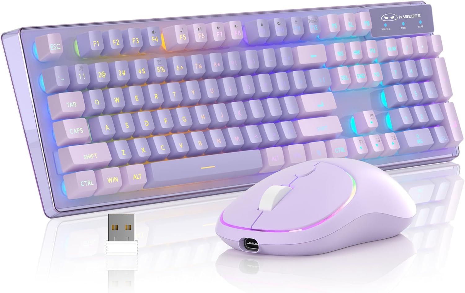 Wireless Gaming Keyboard and Mouse Combo, MageGee V550 2.4G Rechargeable RGB Backlit Keyboard with Clear Shell, Full Size Waterproof Keyboard & Quiet LED Mice for PC/Laptop – Purple Wireless Gaming Keyboard and Mouse Combo, MageGee V550 2.4G Rechargeable RGB Backlit Keyboard with Clear Shell, Full Size Waterproof Keyboard & Quiet LED Mice for PC/Laptop – Purple
