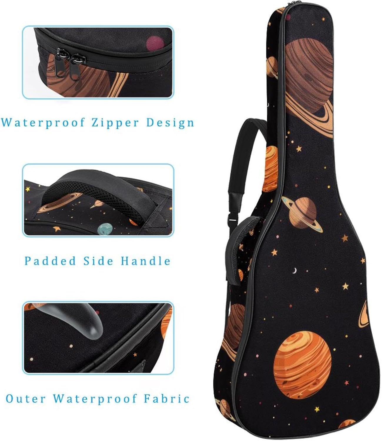 Cute Planets Symbols Acoustic Guitar Gig Bag, 1 cm Thick Padding Waterproof Guitar Bag Backpack for 40 41 42 Inch Electric Bass Classical Guitars