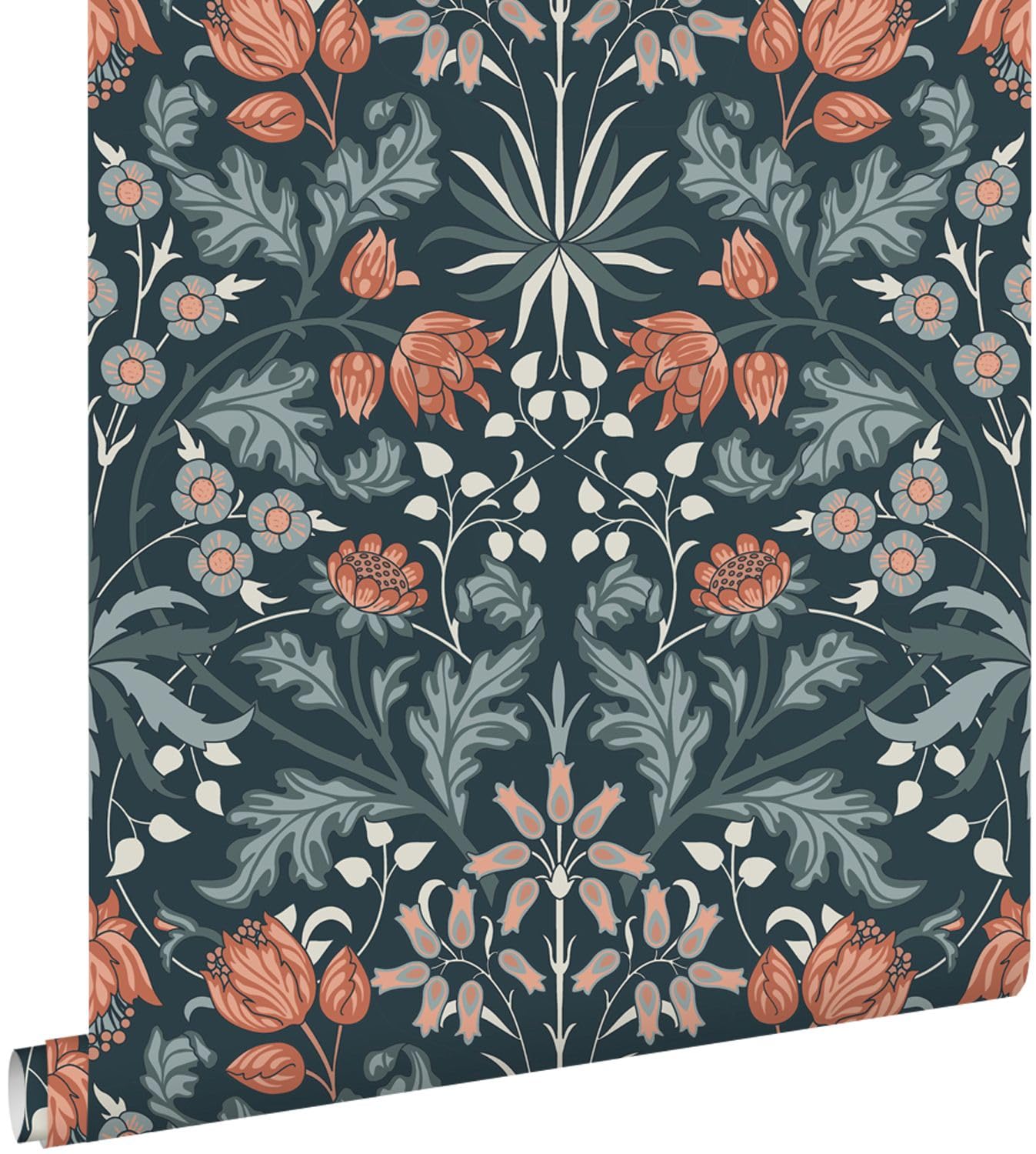papier peint fleurs vintage de style art nouveau bleu foncé et terracotta 50 x 900 cm - ESTAhome