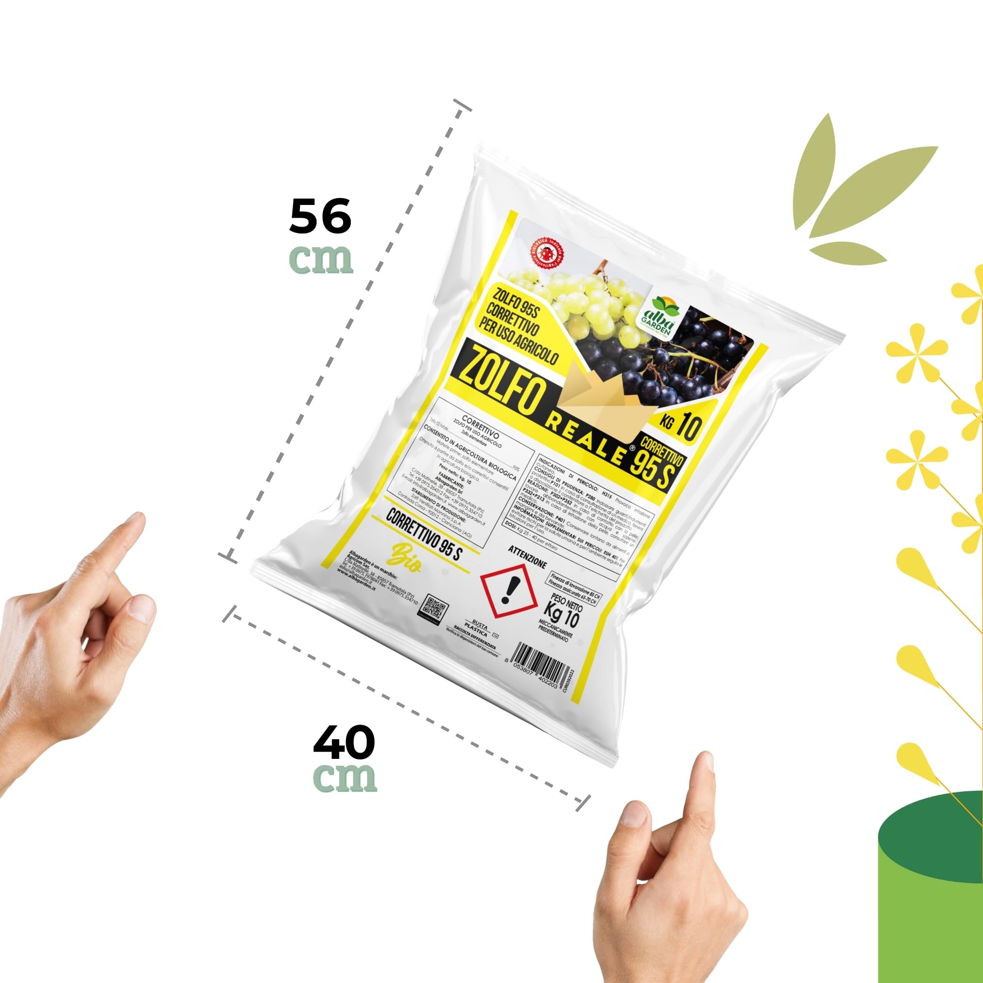 Albagarden - Zolfo in Polvere Correttivo x 10 Kg - Concime Minerale Naturale, Biologico per Vite Olivo Agrumi, Contro Oidio Mal Bianco Peronospora Ticchiolatura