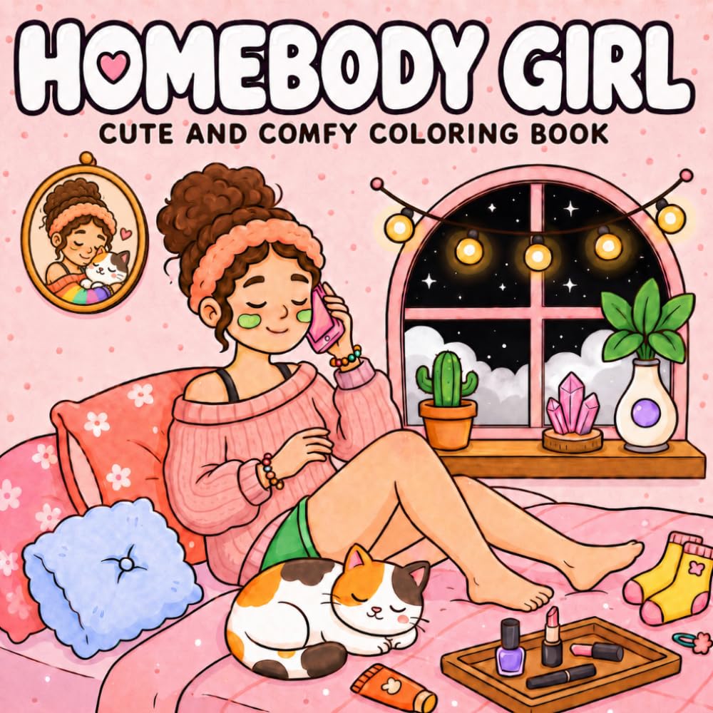 Homebody Girl: Cute and Comfy coloring book for Adults and Teens: 50 Cozy Scenes for Relaxation and Self-Care