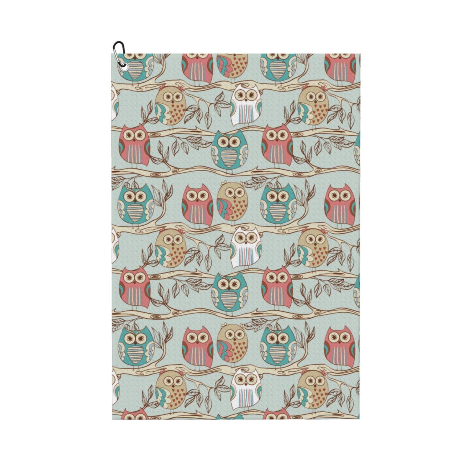 AOOEDM Cute Owl Print Golf Towel with Carabiner Clip Absorbent Microfiber Golf Towel for Cleaning Golf Ball Club Putter Iron for Golf Bag Trolly Belt Loop 16" X 24"