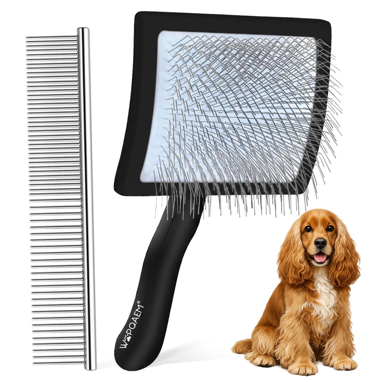 WOPQAEM Slicker Brush for Dogs, Large Long Pin Dog Brush for Cockapoo Cavapoo Doodles Poodles Goldendoodle Labradoodle, 2 PCS Large Grooming Brush Comb, Wood Handle - Deep black