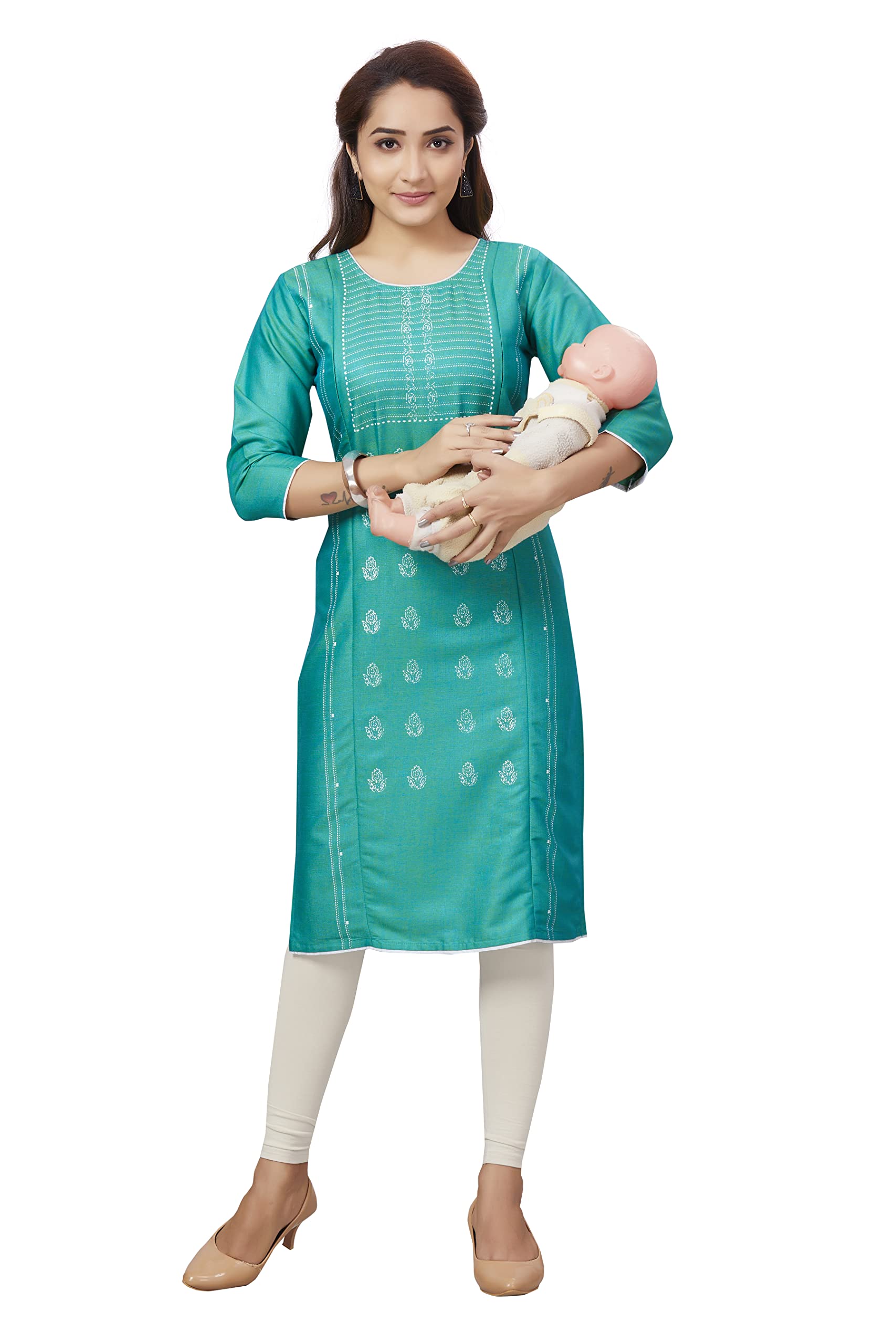 B2F Women's Printed Rayon Cotton Straight Maternity Kurti, Feeding Kurta with Zip for Pre and Post Pregnancy