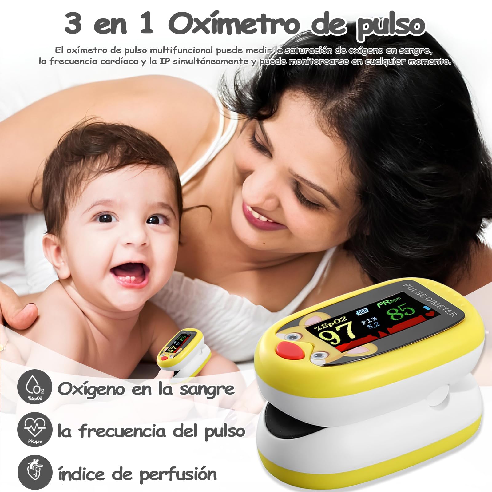 Pediatric Oximeter, Rechargeable Digital Oximeter, Can Monitor Blood Oxygen Saturation, Pulse Rate and PI at the Same Time, Suitable for Daily Testing and Monitoring (Yellow) 1