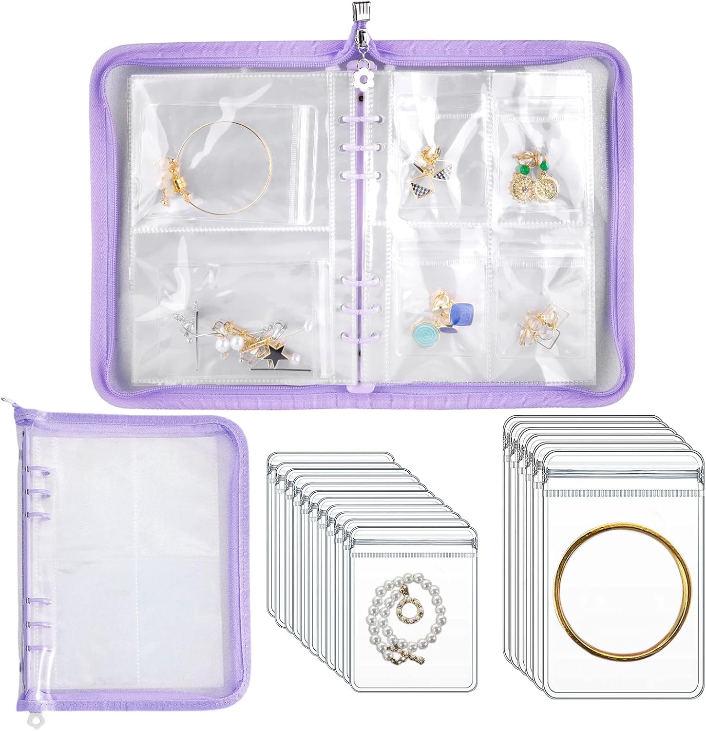 Travel Jewelry Organizer Transparent Jewelry Storage Book Set with Anti-oxidation Pocket Traveling Necklace Earring Organizer for Ring, Bracelets, Postcard (120 Grids +75 Thicken PVC Zipper Bags)