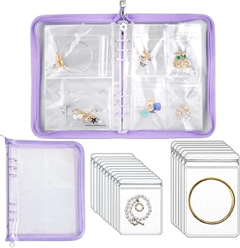 Travel Jewelry Organizer Transparent Jewelry Storage Book Set Purple | Traveling Necklace Earring Organizer with Zipper for Ring, Bracelets, Stud 120 Grids +75 Thicken PVC Zipper Bags