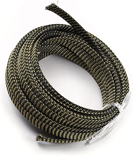 Bettomshin 1 funda de organización de cables de 32.8 pies (32.8 ft), 1/2 pulgadas de ancho, protector de cable PET negro y dorado, tubo de telar de