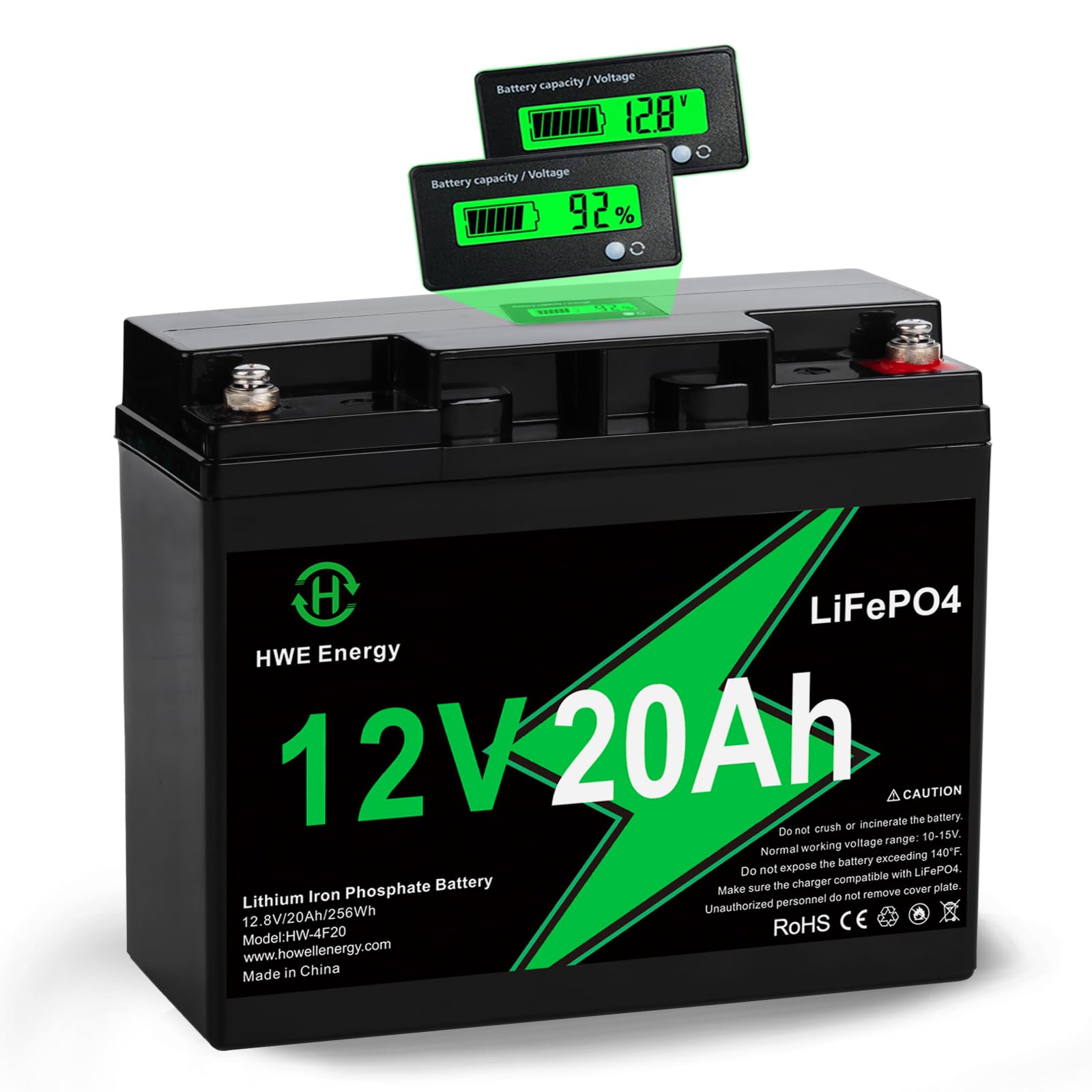 12V 20Ah LiFePO4 Rechargeable Battery with LCD Meter, 5000+ Deep Cycle 12 volt Lithium Batteries Replacement for Power Wheels, Fish Finder, Ride-on Toys, Alarm System, Camping, UPS,6FM20,20A BMS Screw