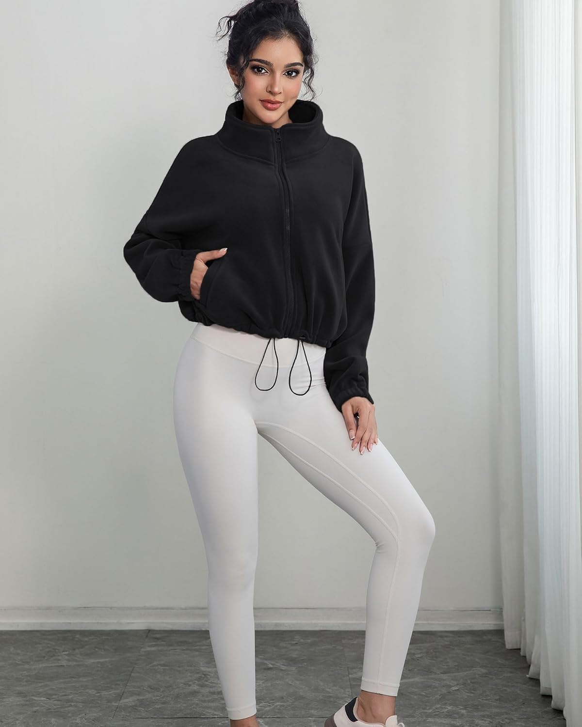 Women's Full Zip Fleece Short Jacket with Pockets Stand Collar Long Sleeve Zip Up Warm Winter Sherpa Cropped Coat - Image 6