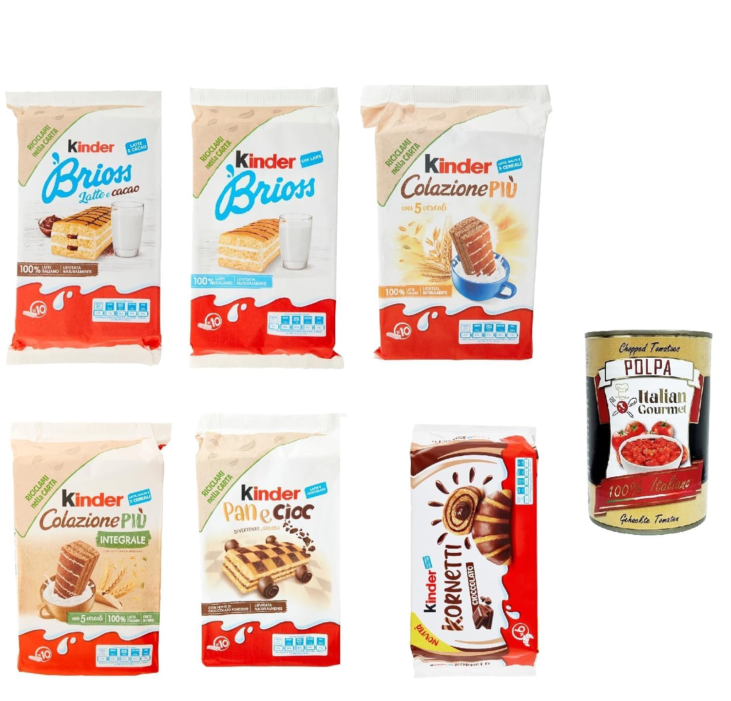 Italian Gourmet Assortiment Kinder goûter & petit-déjeuner – Brioss lait & cacao, Brioss, Colazione Più 5 céréales, Colazione Più Intégrale, Pan e Cioc, Kinder Kornetti + Italian Gourmet Polpa