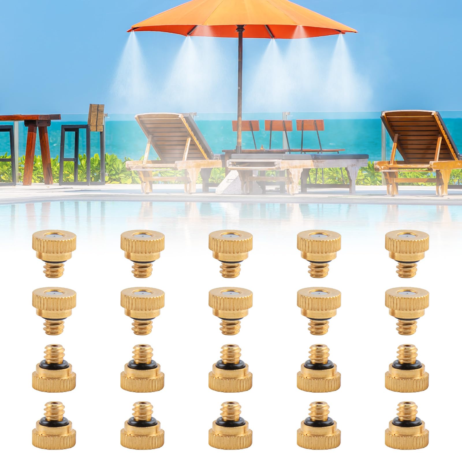 20Pcs Brass Mister Nozzles for Outside Patio Misting, Brass Misting Nozzles Tees, Mist Replacement Head, 0.016" Orifice (0.4 MM) 10/24 Unc