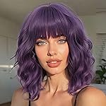 AISI HAIR Purple Synthetic Wavy Curly Bob Wig with Bangs Short Wavy Hair for Women Synthetic Heat Resistant Bob Wigs