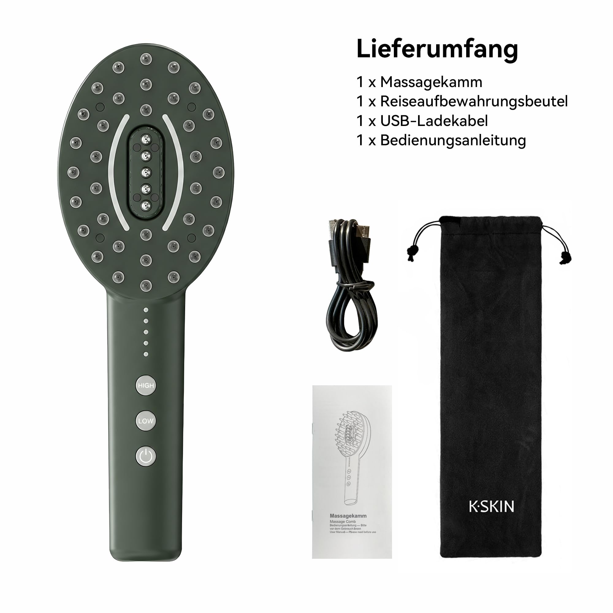 Elektrische Kopfhautmassagebürste Kopfmassagegerätmit Rot-Blau-Licht, 5 Vibrationsstufen, Silikonzähne, USB Aufladung Massagekamm für Kopfhautpflege & Haarentspannung
