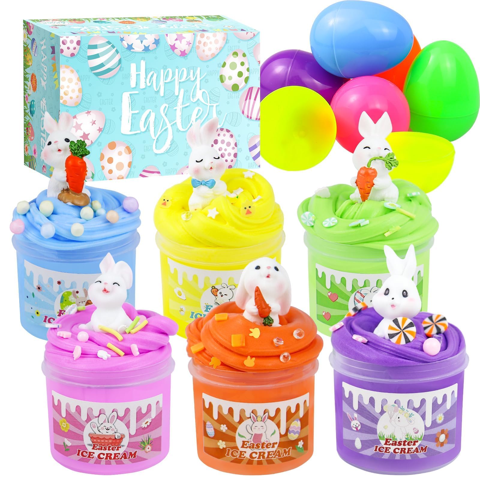 6 Packs Bunny Slime Kit with Brightly Colored Butter Slime,Cute Rabbit Minifigures and Various Slime Add-ins Non Sticky Slime Party Favors Gift for Girls and Boys
