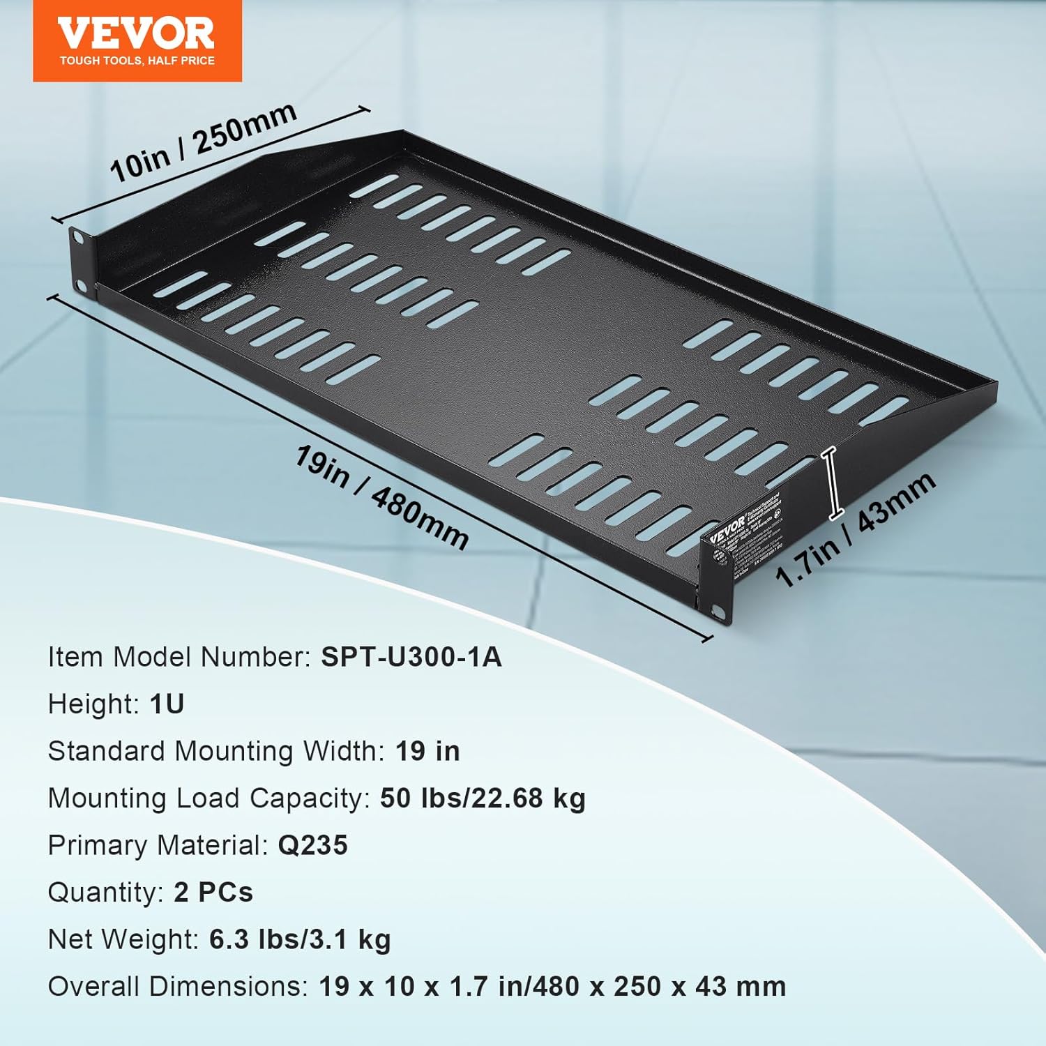 VEVOR 2PCS 1U Server Rack Shelf, Universal Vented Rack Mount Cantilever Tray for 19 inch Network Equipment Rack & Cabinet, 10" Deep Rack Mount Shelf, Weight Capacity 50 lbs Wall Mount Rack Shelf - Image 8