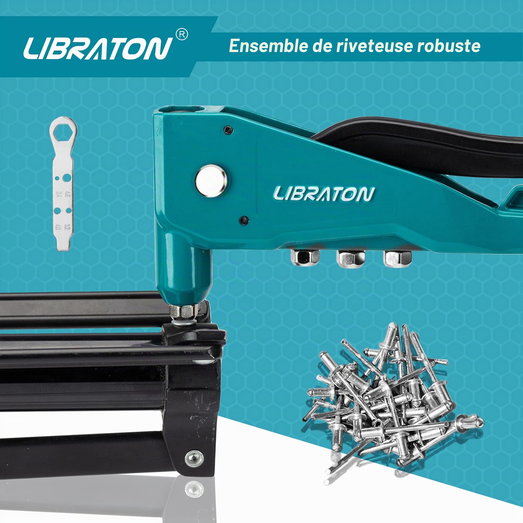 Libraton Pince à rivets aveugles, Riveteuses pour rivets aluminium et acier, Kit professionnelle de pinces à riveter robuste, Pince de rivetage avec 100 rivets et 4 perceuses de HSS