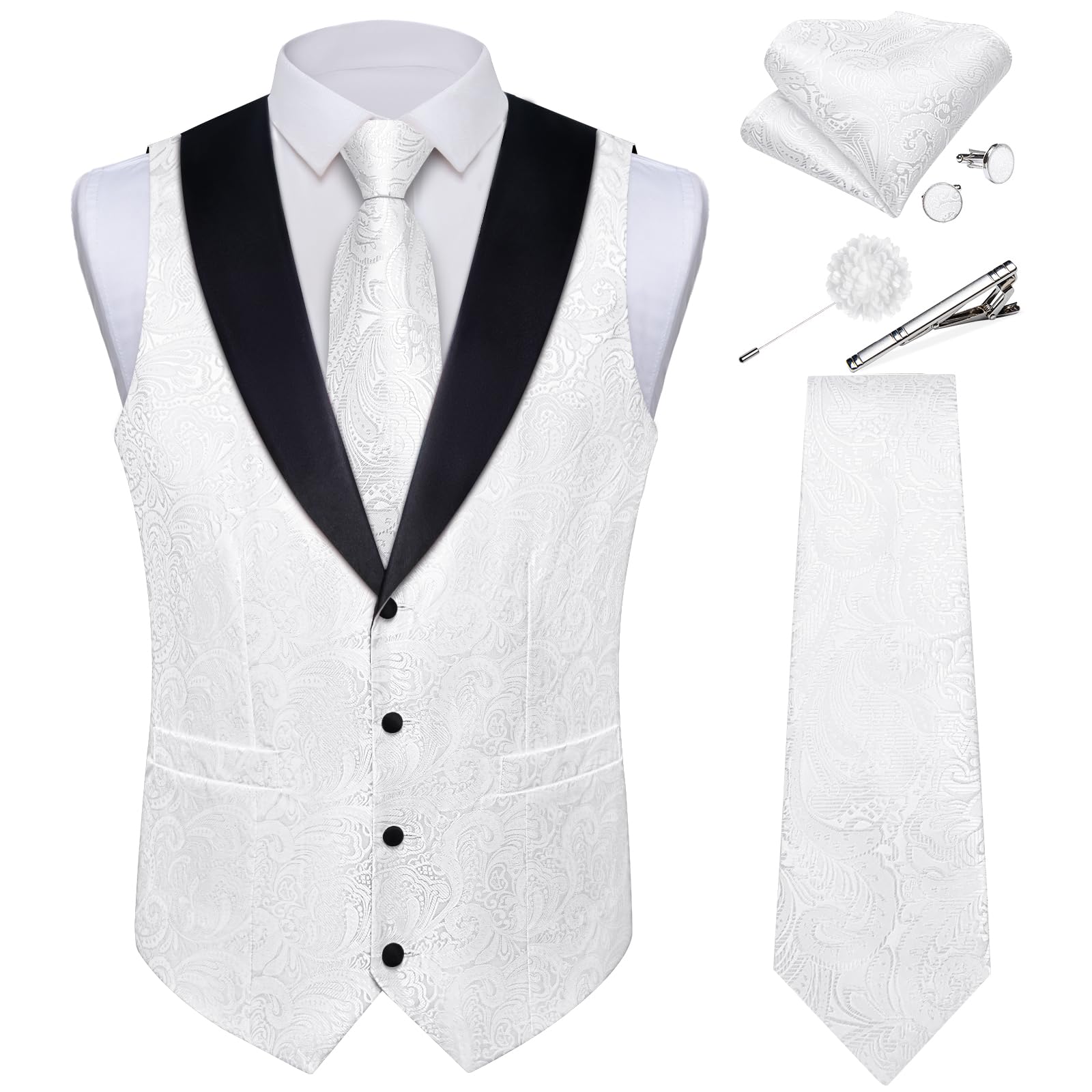 DiBanGu Mens Paisley Suit Vest Silk Jacquard Waistcoat and Necktie Set Formal Shawl Collar Dress Vest 7PCS for Wedding Party