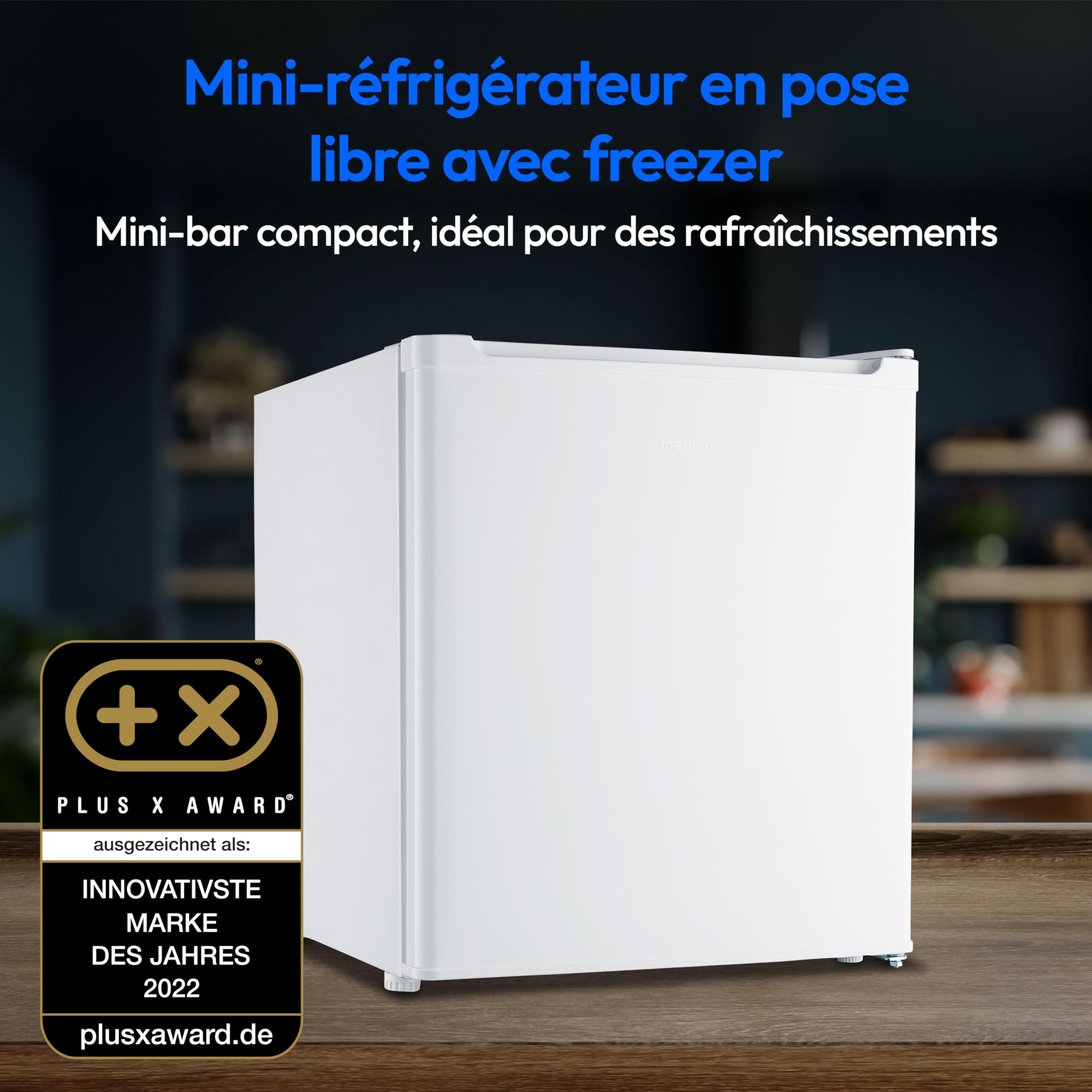 MEDION mini réfrigérateur (avec compartiment à glace, 41 litres de volume utile, petit, pieds réglables en hauteur, pour boissons aliments glace, charnière de porte interchangeable, MD37724) blanc