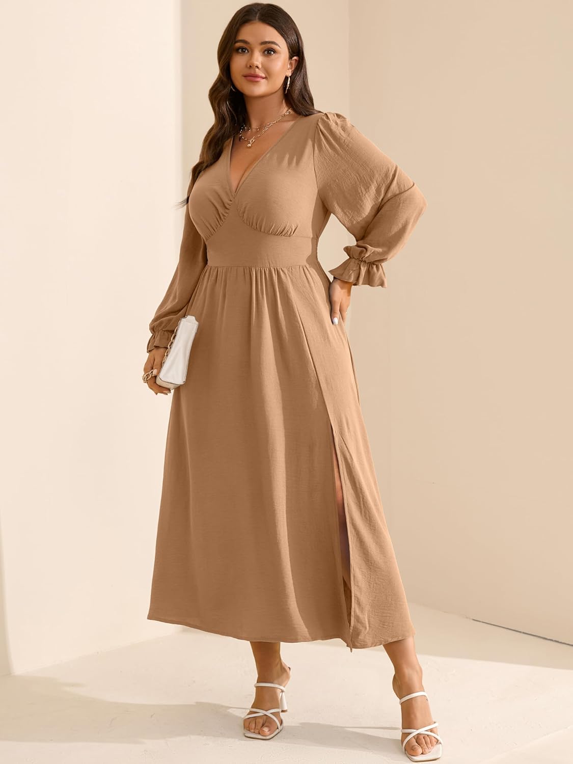 RWJ Plus Size Wedding Guest Dress for Women Deep V Neck Long Sleeve High Waist Slit Formal Cocktail Party Fall Maxi Dresses - Image 5