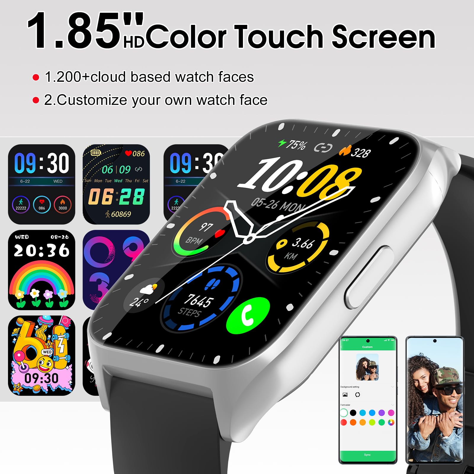 Smartwatch Herren Damen, 1,85" HD Touchscreen Smart Watch mit Telefonfunktion, 100+ Sportmodi Sportuhr mit Schrittzähler/Herzfrequenzmonitor/Schlafmonitor, IP68 Wasserdicht Fitnessuhr für iOS Android
