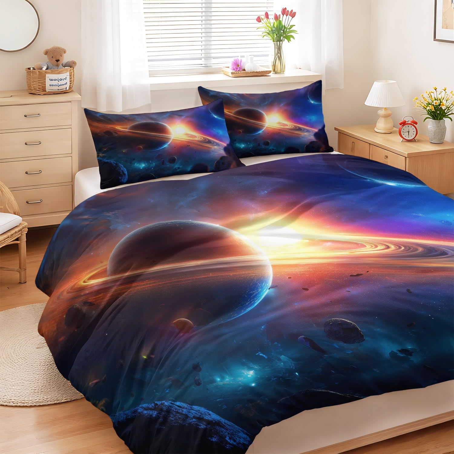 Fantasy Cosmos Super King zestaw pościeli, Dreamy Sci-Fi Ring Planet, miękki zamek błyskawiczny poszewka na kołdrę 260 x 220 cm i poszewka na poduszkę 50 x 75 cm, do sypialni dla dorosłych, dzieci