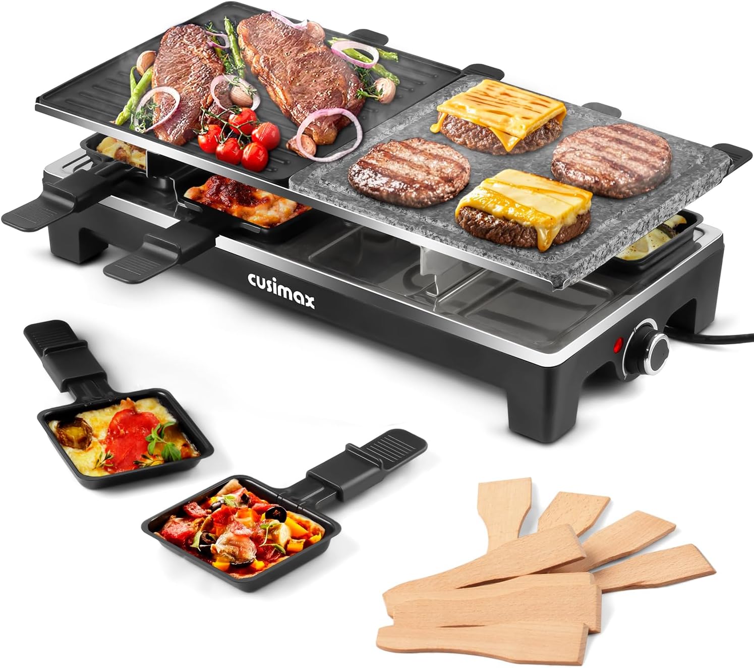 CUSIMAX Raclette Grill, Electric Grill, Portable Indoor Grill with 2 in 1 Reversible Non-stick Plate & Natural Grill Stone, 1500W Korean BBQ Grill, 8 Pans & Wooden Spatulas