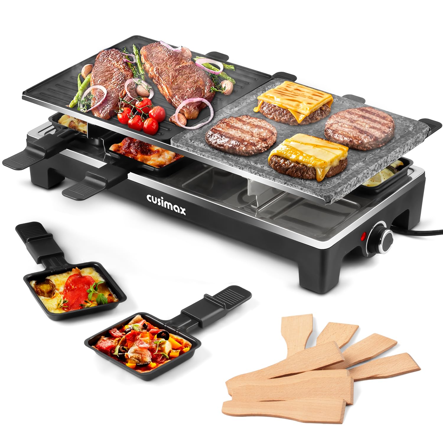 CUSIMAX Raclette Grill, Electric Grill, Portable Indoor Grill with 2 in 1 Reversible Non-stick Plate & Natural Grill Stone, 1500W Korean BBQ Grill, 8 Pans & Wooden Spatulas
