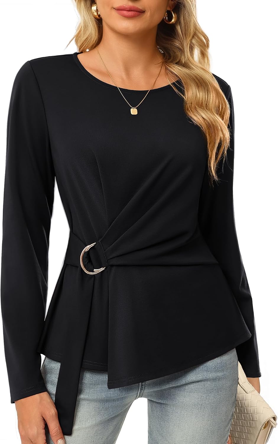 GRACE KARIN Women's Long Sleeve Peplum Top with Belt – Slim Fit Business Casual Blouse for Summer Work