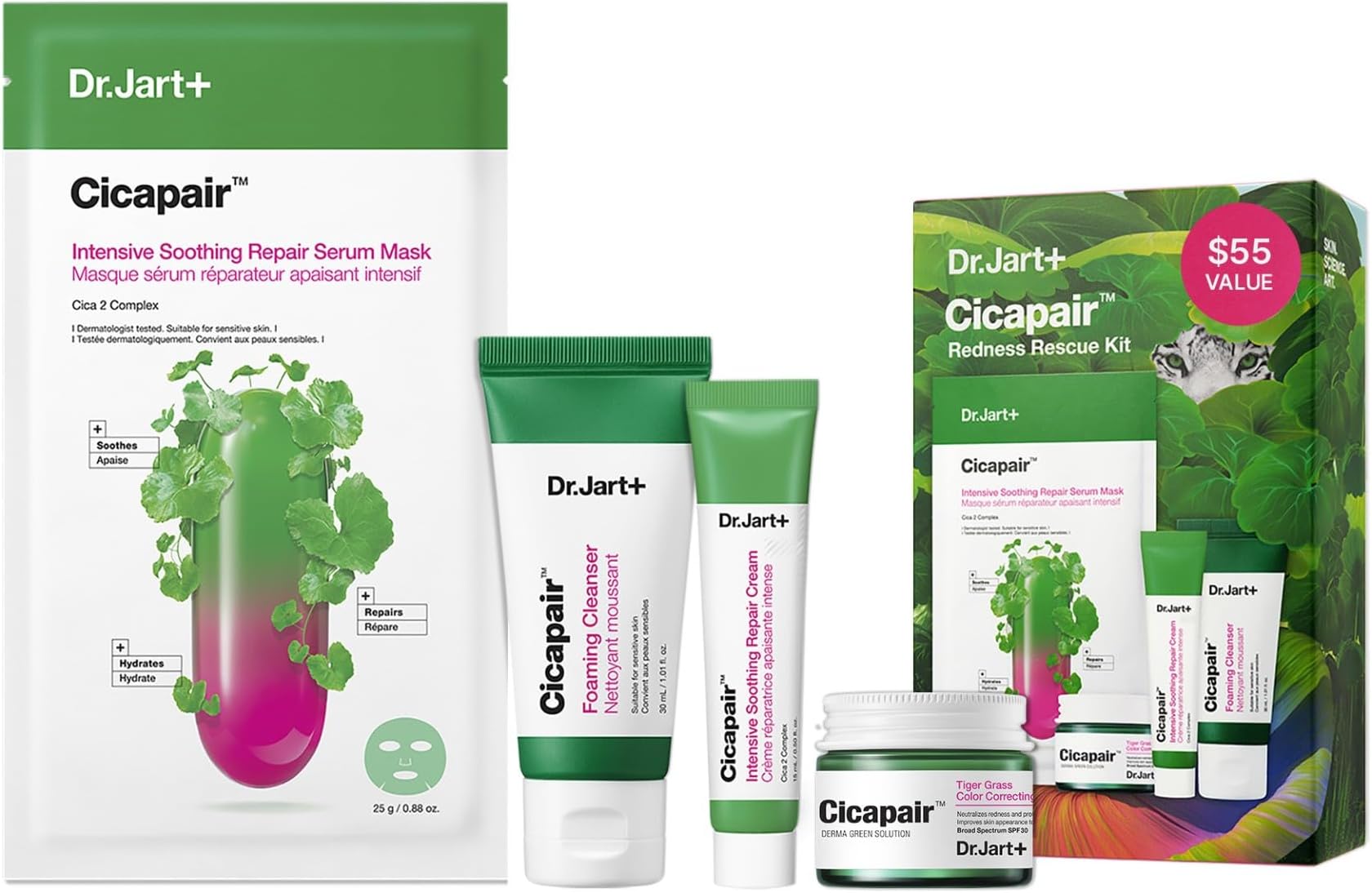Cicapair Redness Rescue Korean Skin Care Set, Travel Size Value Gift Set with Cicapair Color Correcting Cream, Face Wash, Cream Moisturizer, and Face Mask