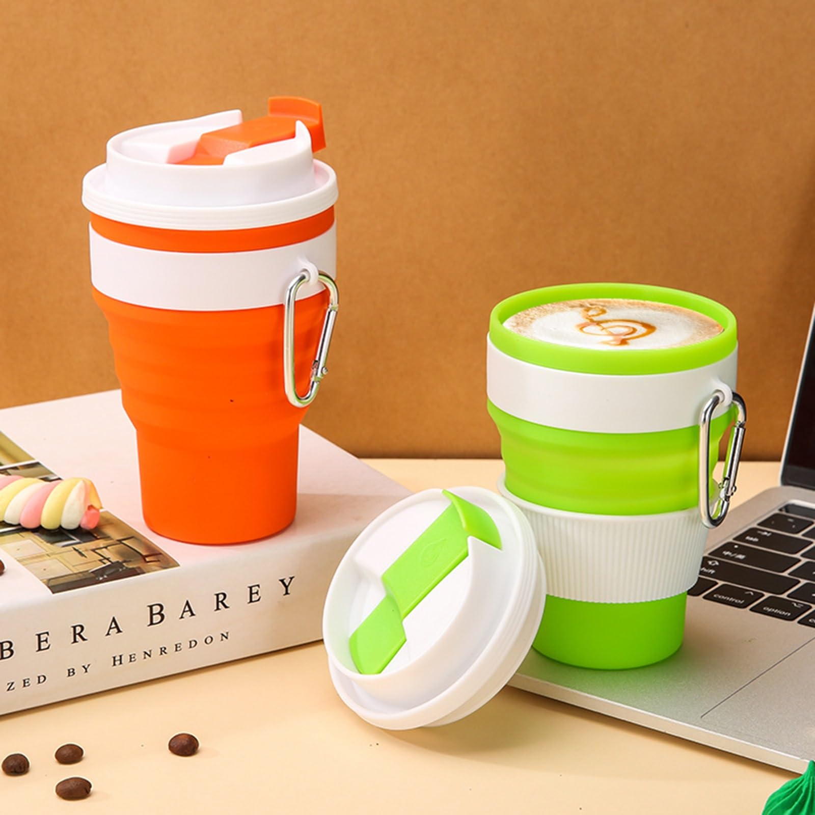 gobelet pliable, Silicone portable, étanche, réutilisable, comprend un mousqueton, idéal for le café, thé, la randonnée, camping et les activités de plein air(Green,L)