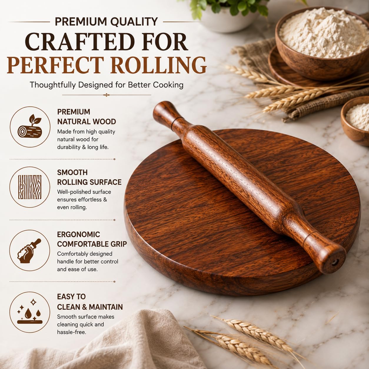 CRAFTONE Holz Chakla Belan Set 10 Zoll - Rundes Holz Nudelbrett mit Nudelholz Perfekt für die Herstellung von Chapati, Roti, Paratha, Pizzateig, Tortilla, Kuchenkruste, Gebäck, Kekse & Fladenbrot