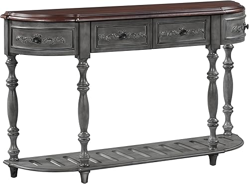 LUMISOL Mesa de sofá estrecha con diseño curvo circular retro, mesa de consola con 4 cajones de almacenamiento y estante abierto, gris retro