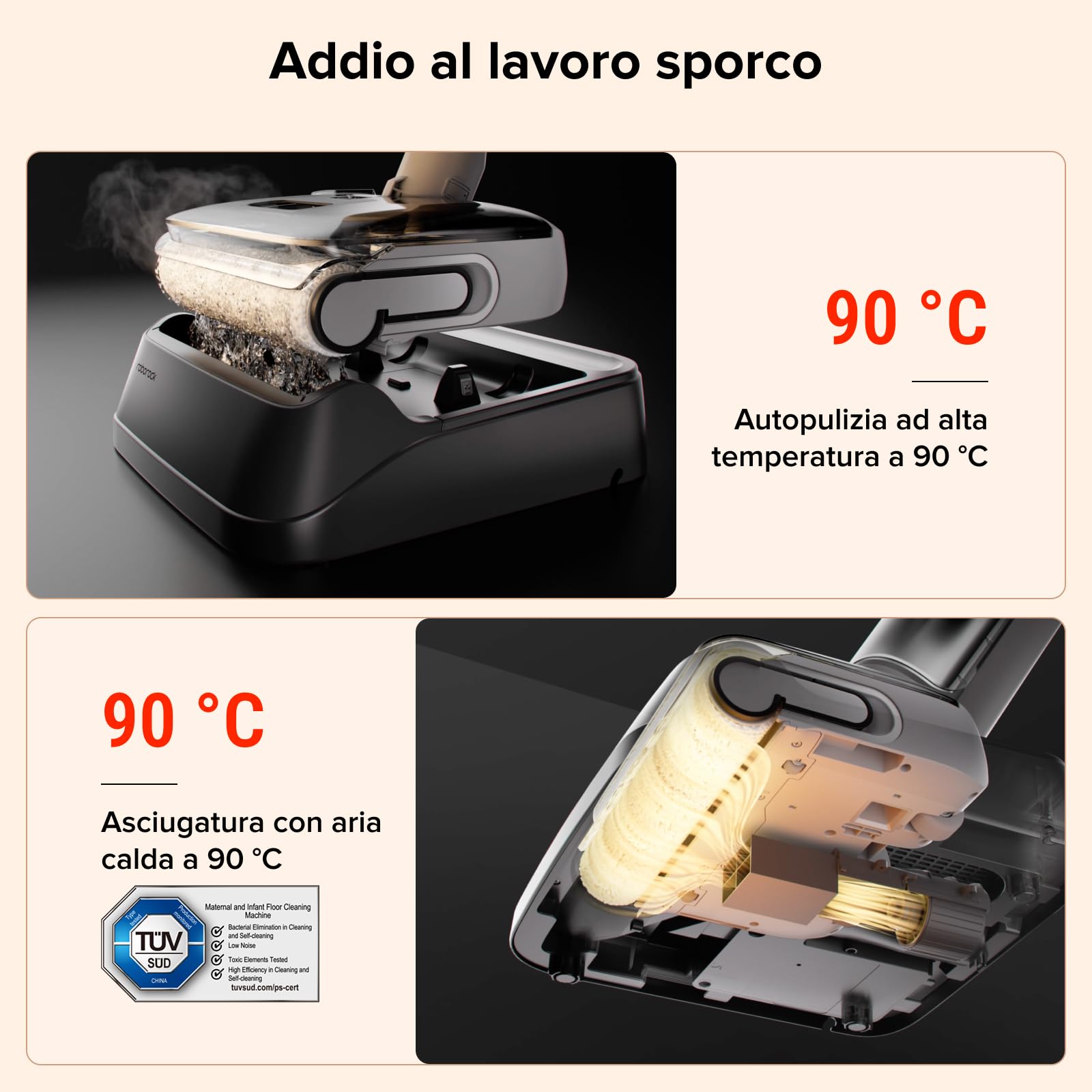 roborock F25 GT Aspirapolvere e Lavapavimenti Senza Fili, Pulizia Completa 20 kPa, Autopulizia ad Alta Temperatura fino a 90 °C, Inclinazione 180°, Pulizia a Doppio Bordo per Pavimenti