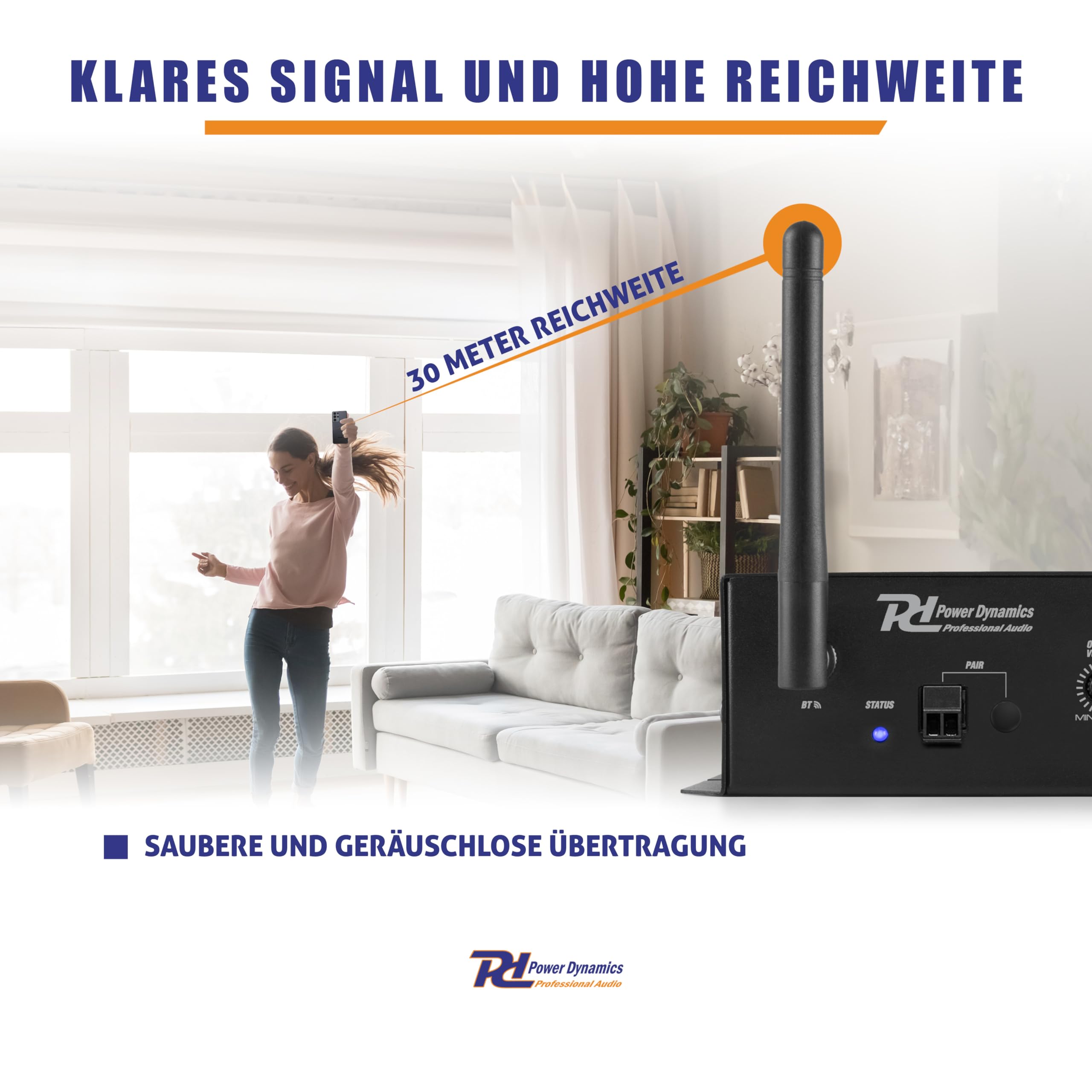 Power Dynamics PDX40 Bluetooth Empfänger für Stereoanlage, Drahtloser Audio Adapter - BT 5.0-Technologie, 30m Reichweite, 3-Pol XLR Out, 6,3 Klinke In, Bluetooth Empfänger - Schwarz
