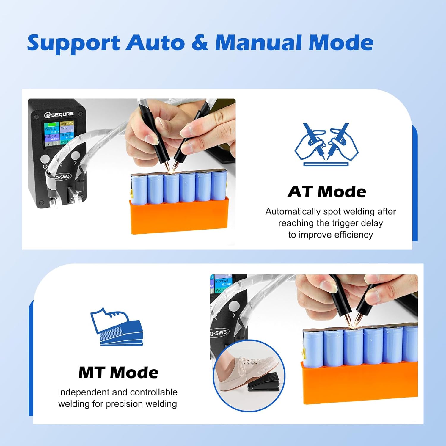 SEQURE SW3 Spot Welder 2500A Capacitor Spot Welding Equipment Farad Auto and Manual Mode for 18650, 21700 Lithium Battery Pack Building with Foot Pedal, Split and Integrated Handles