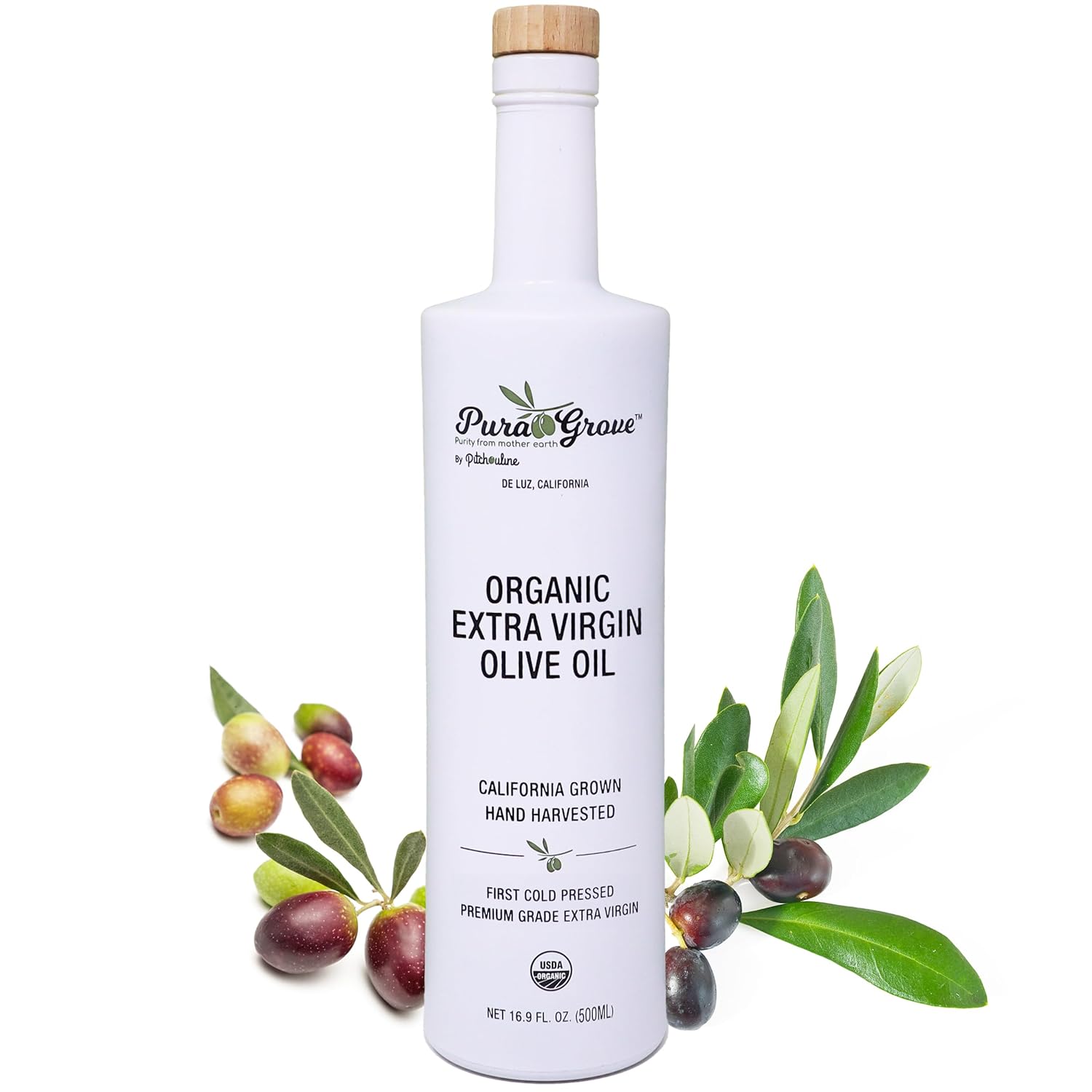 Pura Grove Organic Cold Pressed Extra Virgin Olive Oil Premium Grade - High Polyphenol - Hand Harvested & California Grown - 16.9Oz Opaque Glass Bottle 2024 Harvest 2025 Bottled
