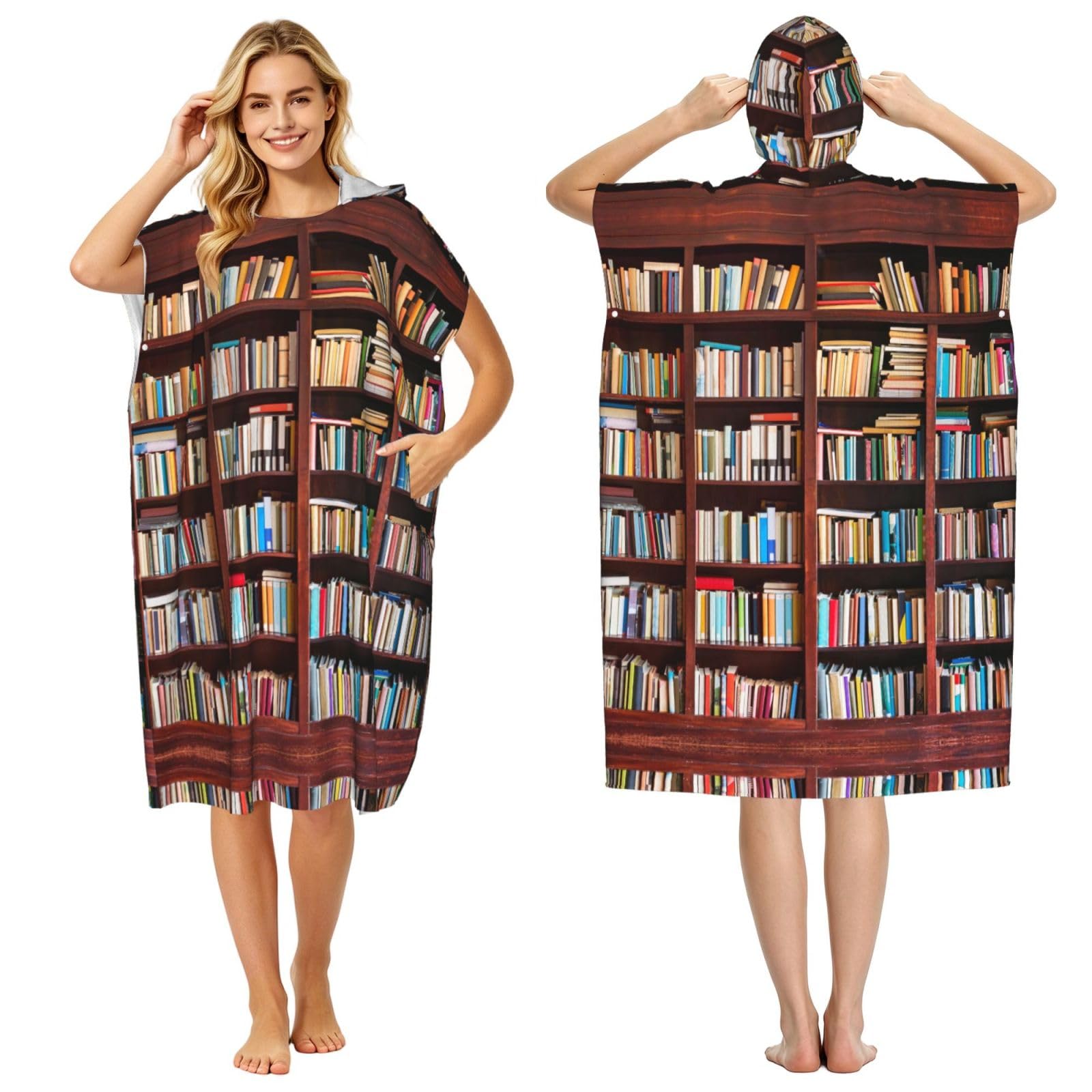 Poncho à capuche séchage rapide motif livres peignoir de plage léger