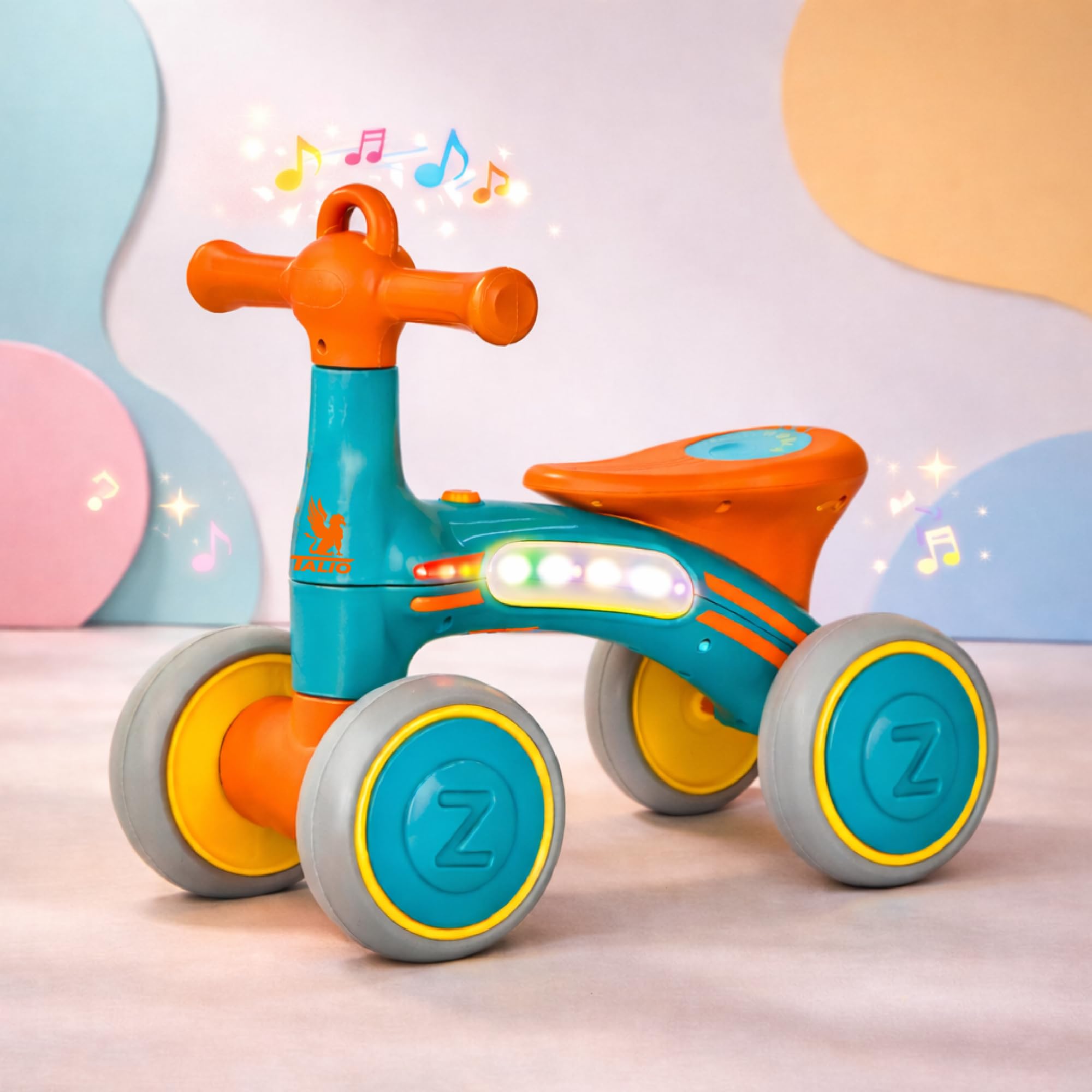 TALIO Kids 4-Wheel Balance Bike with LED & Music | BIS Certified | Toddler Ride-On | Comfortable Seat | for Ages 1-4 Years | AA Batteries Included (GBB-503/02) (Brown/Green)-image-13