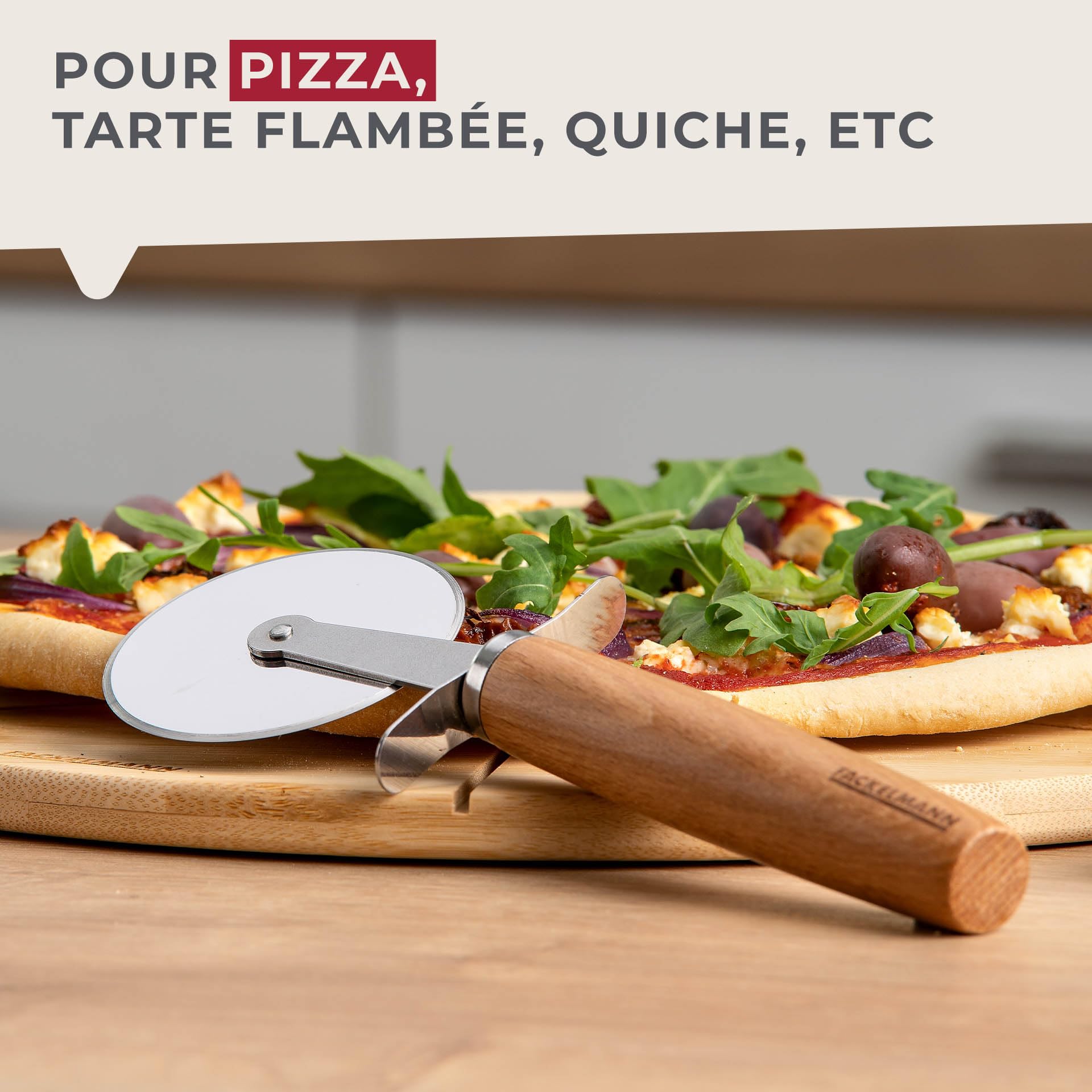 Fackelmann Krajalnica do pizzy i tart – koło do pizzy z ostrym ostrzem ze stali nierdzewnej – wałek do pizzy z ergonomicznym uchwytem z drewna bukowego – ok. 21 cm